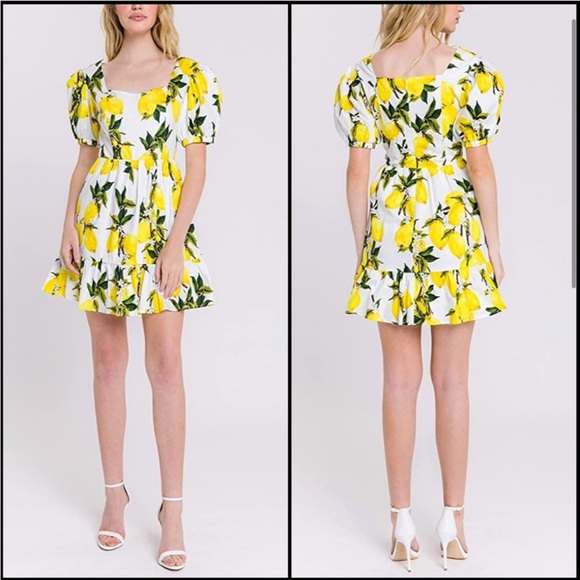 English Factory Womens A Line Dress Yellow White Mini Lemon Print - Size L - Picture 4 of 8